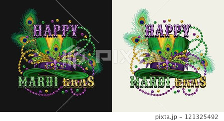 Mardi Gras emblem with tall top hat with belt, fleur de lis pins, bunch of colorful feathers, intertwined interlaced strings of beads, text. Holiday composition in vintage style. 121325492