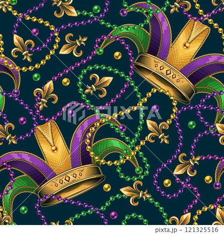 Seamless Mardi Gras pattern with jester harlequin hat, randomly scattered Fleur de Lis sign, beads, interlaced strings of beads on dark green background. Vintage style 121325516