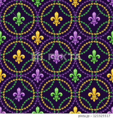 Geometric beaded pattern with fleur de lis symbol in center of grid cells. Overlapping interlaced intersecting circular grid, ornament. Decoration for Mardi Gras carnival. Vintage style illustration 121325517