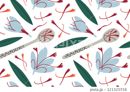 Seamless pattern with saffron spice, vibrant saffron flowers, green leaves, and elegant spoon with saffron strands. Flat, decorative style, perfect for culinary and botanical themes Seamless pattern with saffron spice, vibrant saffron flowers, green leaves, and elegant spoon with saffron strands. Flat, decorative style, perfect for culinary and botanical themes 121325558