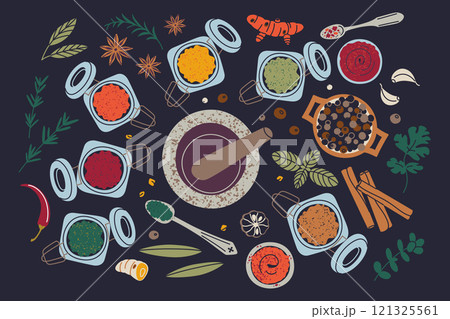 Vector illustration of colorful spices in glass jars with mortar and pestle, poster or banner with herbs and condiments on dark background. Flat design, cartoon style, perfect for cooking themes 121325561
