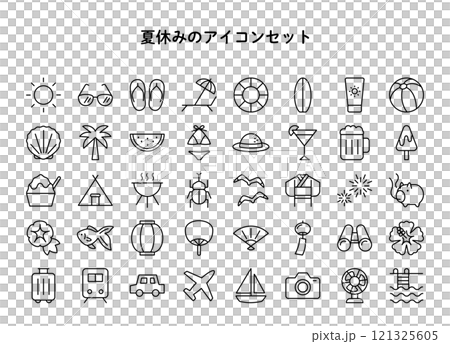 Simple line drawing summer vacation related icon set 121325605