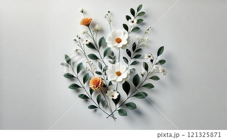 白い背景に鮮やかなオレンジ色の花と清楚な白い花の組み合わせ 白い背景に鮮やかなオレンジ色の花と清楚な白い花の組み合わせ 121325871