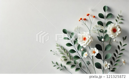 清潔感のある白い背景に、白い花とオレンジ色のアクセント 清潔感のある白い背景に、白い花とオレンジ色のアクセント 121325872