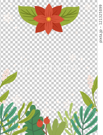 Festive Poster template featuring a red poinsettia flower, greenery, berries, and snowflakes on a white background with blank space. 121325899