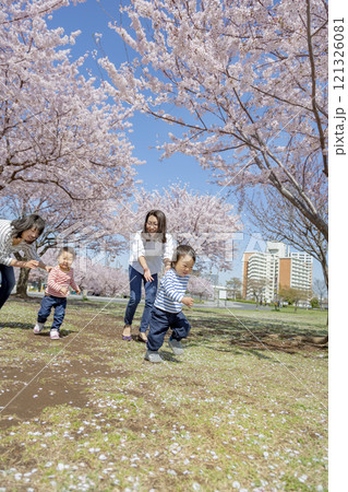 桜の咲く公園で遊ぶ母と子たち 桜の咲く公園で遊ぶ母と子たち 121326081