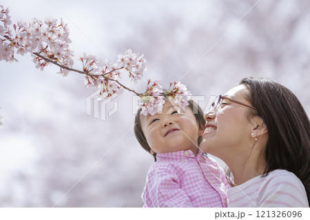 桜の咲く公園で遊ぶ母と子 桜の咲く公園で遊ぶ母と子 121326096