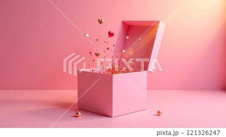 pink open gift box surrounded festive ornaments, representing the excitement and magic of holiday surprises. Minimal pink background for Mother's day and Valentine's Day 121326247