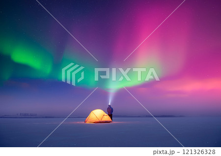 Tourist shines a flashlight in incredible starry sky 121326328
