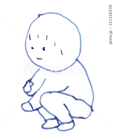 しゃがんで小動物に手を差し出すようなポーズの子供の線画イラスト手書き_万年筆ブルーブラック染料インク 121326338