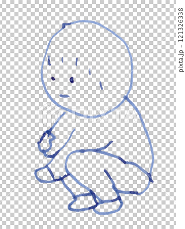 しゃがんで小動物に手を差し出すようなポーズの子供の線画イラスト手書き_万年筆ブルーブラック染料インク 121326338