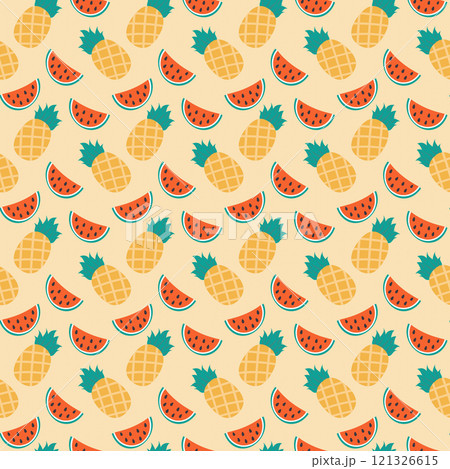 Sliced watermelon and whole pineapple Seamless pattern. Summertime background texture or wallpaper 121326615