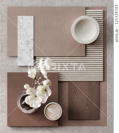 Mocha mousse - color of the year - moodboard sample with flowers and coffee 121326783