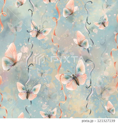 Writhing satin ribbons with flying butterflies in trendy pastel colors peach fuzz and turquoise in a vintage style. Hand drawn watercolor illustration. Seamless pattern on a white background 121327139