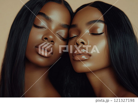 Beauty fashion shot of two afro american beautiful woman model with long black hair standing next to each other.Macro.AI Generative. 121327198