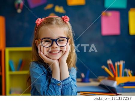 Happy cute girl smiling and having cheerful mood sitting in classroom in school.Macro.AI Generative. 121327257