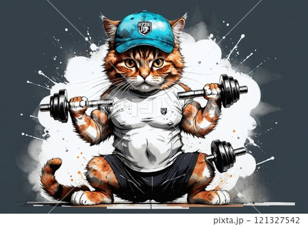 Sporty cat with weights doing sports 121327542