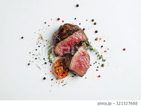 Fresh juicy beef steak with salt and pepper and rosemary on white background.Top view.AI Generative. Fresh juicy beef steak with salt and pepper and rosemary on white background.Top view.AI Generative. 121327688