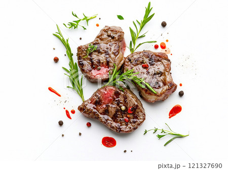 Fresh juicy beef steak with salt and pepper and rosemary on white background.Top view.AI Generative. Fresh juicy beef steak with salt and pepper and rosemary on white background.Top view.AI Generative. 121327690
