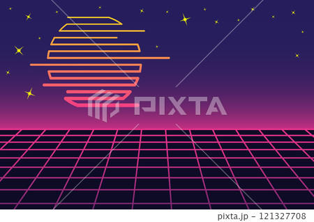 Retro futuristic landscape with neon grid Retro futuristic landscape with neon grid 121327708