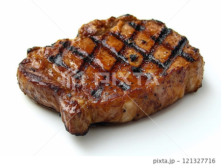 Juicy beef sirloin fillet steak with salt and pepper on white background.Macro.AI Generative. Juicy beef sirloin fillet steak with salt and pepper on white background.Macro.AI Generative. 121327716