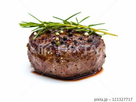 Juicy beef sirloin fillet steak with salt and pepper on white background.Macro.AI Generative. Juicy beef sirloin fillet steak with salt and pepper on white background.Macro.AI Generative. 121327717