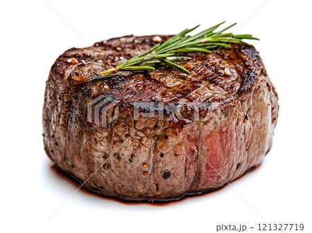 Juicy beef sirloin fillet steak with salt and pepper on white background.Macro.AI Generative. Juicy beef sirloin fillet steak with salt and pepper on white background.Macro.AI Generative. 121327719