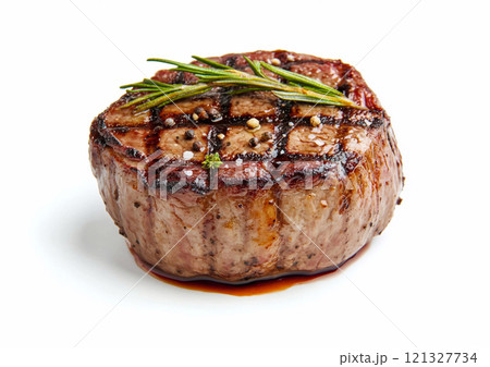 Juicy beef sirloin fillet steak with salt and pepper on white background.Macro.AI Generative. Juicy beef sirloin fillet steak with salt and pepper on white background.Macro.AI Generative. 121327734