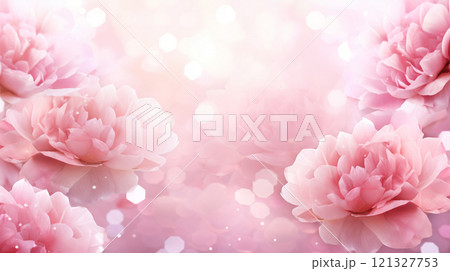 Pink background with peonies. Wallpaper for Valentin day with flowers. Holiday background for design 121327753