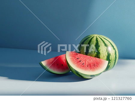 Whole fresh ripe watermelon with red juicy slices on blue background.Macro.AI Generative. 121327760