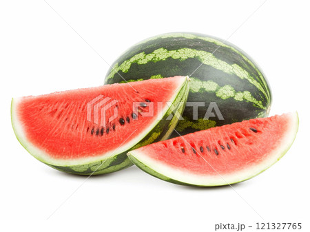Fresh raw ripe whole watermelon with red juicy slices on white background.Macro.AI Generative. 121327765