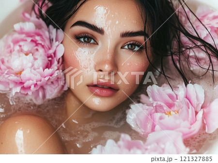 Beauty portrait of beautiful model woman in milky bathtub surrounded by flowers.Macro.AI Generative. Beauty portrait of beautiful model woman in milky bathtub surrounded by flowers.Macro.AI Generative. 121327885