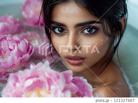 Beauty portrait of beautiful model woman in milky bathtub.Macro.AI Generative. Beauty portrait of beautiful model woman in milky bathtub.Macro.AI Generative. 121327887