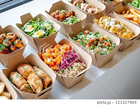Paper containers with various healthy organic food for lunch break.Macro.AI Generative. 121327900