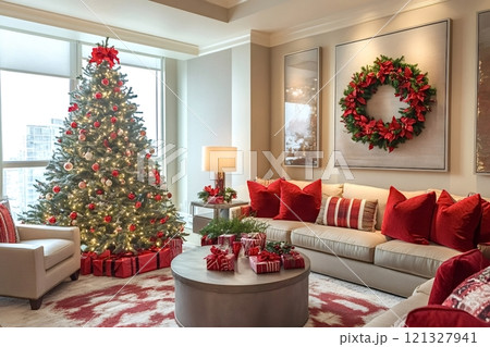Christmas tree illuminating stylish living room decorated for holidays 121327941