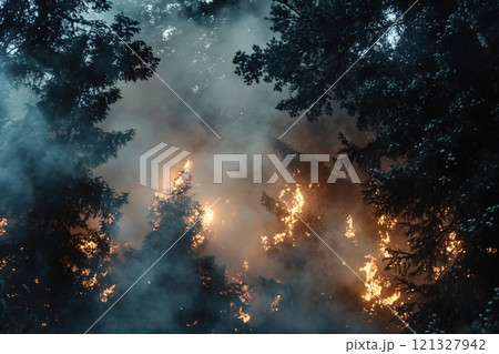 Wildfire burning through a pine forest creating a blanket of smoke 121327942