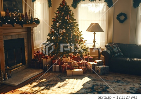 Christmas tree illuminating cozy living room with gifts and fireplace 121327943