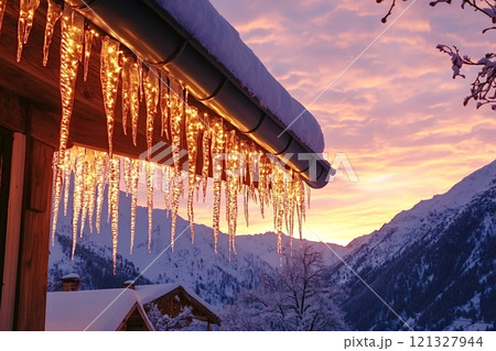 Icicles hanging from roof with lights at sunset in winter mountain landscape 121327944