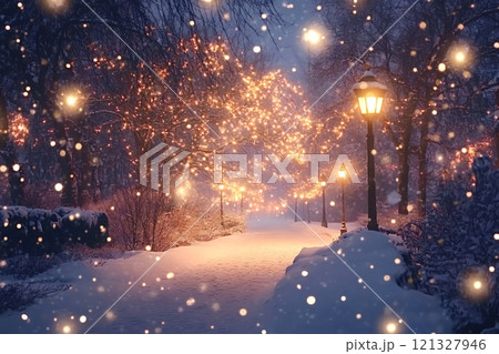Snow falling on christmas path at night with glowing street lights 121327946