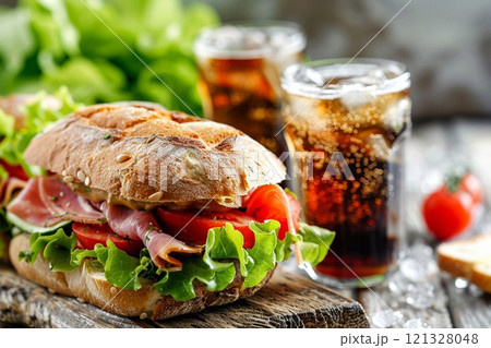 Classic cheese and ham sandwich with tomato and salad with glasses of cola soda.Macro.AI Generative. Classic cheese and ham sandwich with tomato and salad with glasses of cola soda.Macro.AI Generative. 121328048