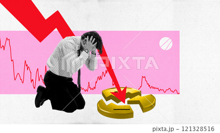 Contemporary art collage. Depressed young investor, stand on knees nearby financial arrow breaking golden coin. Contemporary art collage. Depressed young investor, stand on knees nearby financial arrow breaking golden coin. 121328516