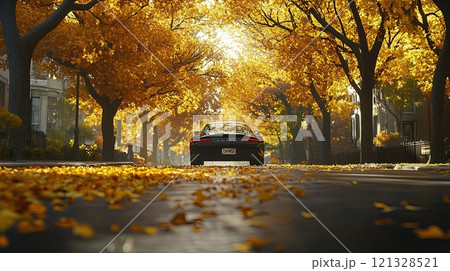 Car drive through road full of autumn leaves, automobile on a picturesque fall street, 121328521