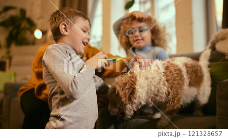 Boy laughing while girl examines dog's health under grandmother's supervision, fun activity highlighting importance of hands-on learning for health care basics. 121328657