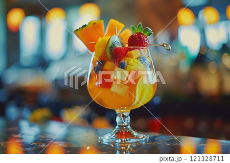 Fresh exotic tropical fruit combo in glass on bar counter on luxury resort.Macro.AI Generative. 121328711