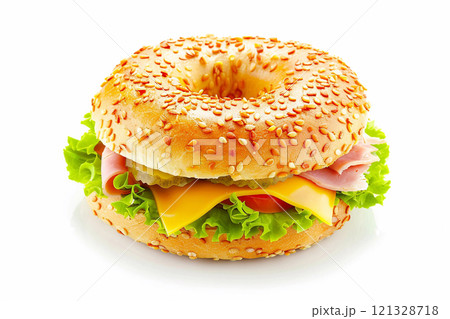 Fresh tasty bagel ham and cheese sandwich with salad and tomato on white background.AI Generative. 121328718