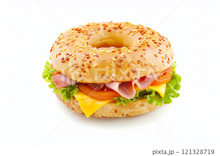 Fresh tasty bagel ham and cheese sandwich with salad and tomato on white background.AI Generative. 121328719