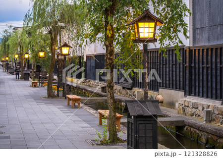 Hida, Gifu, Japan on Shirakabe Dozogai Street at twilight Hida, Gifu, Japan on Shirakabe Dozogai Street at twilight 121328826