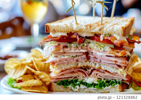 Club sandwich with layers of turkey and ham with bacon with lettuce and mayonnaise.AI Generative. 121328862