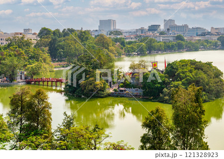 View of red bridge or The Huc Bridge in Hoan Kiem Lake, Hanoi City, Vietnam 121328923