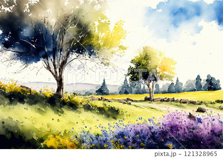 Watercolor spring landscape painting. Trees, flowers and meadow. Watercolor spring landscape painting. Trees, flowers and meadow. 121328965